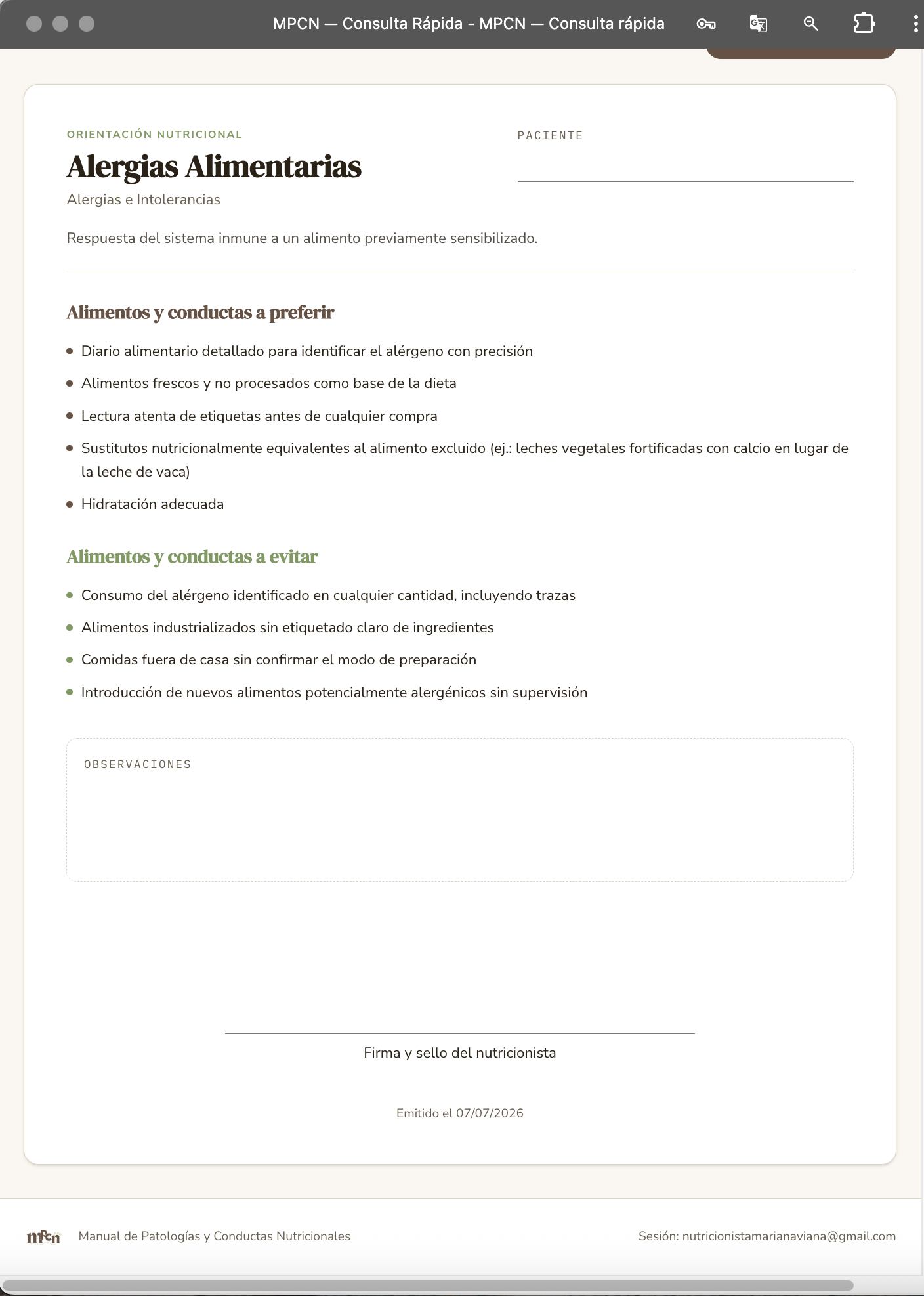 Orientaciones nutricionales listas para imprimir